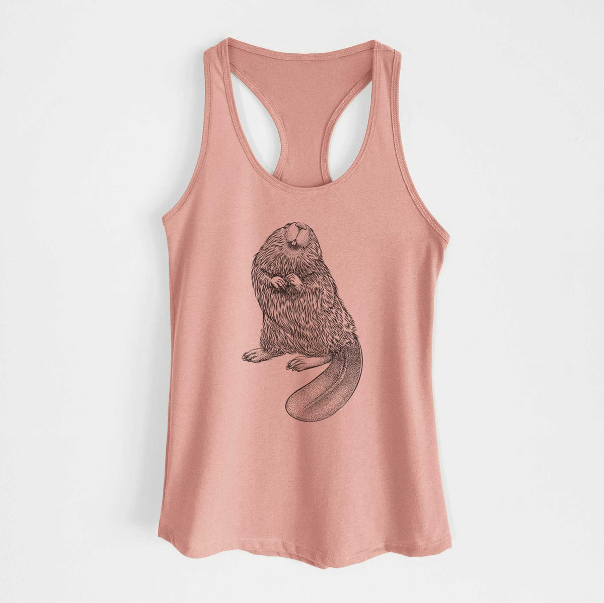 Desert pink women's racerback tank top laid flat, printed with a detailed black ink illustration of an American beaver sitting upright with its flat tail.