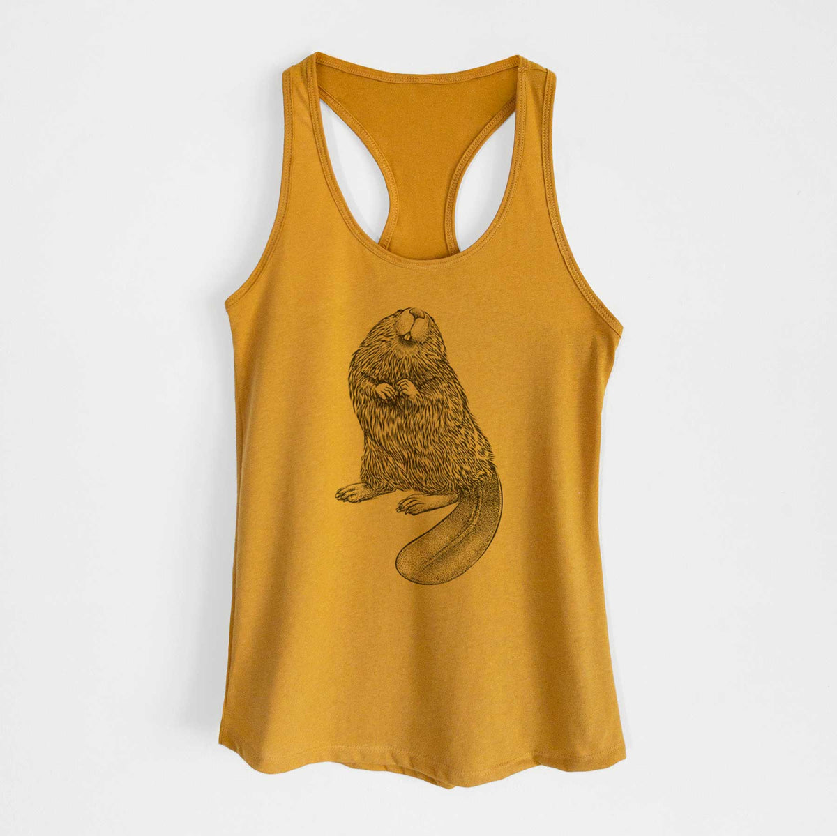 Gold women's racerback tank top laid flat, printed with a detailed black ink illustration of an American beaver sitting upright with its flat tail.