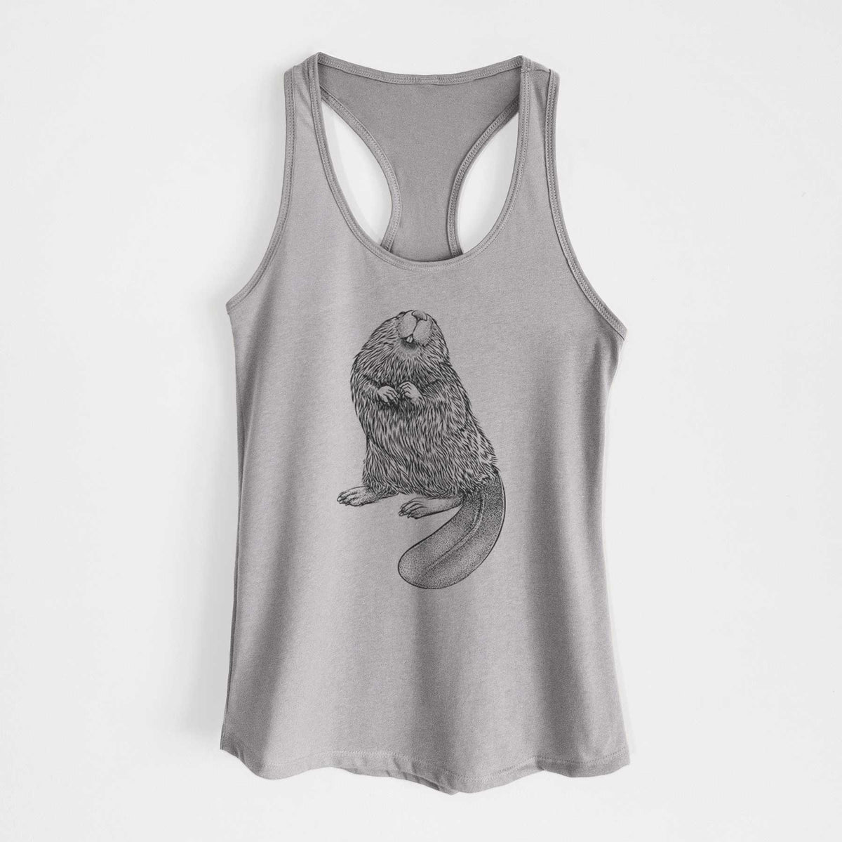 Heather grey women's racerback tank top laid flat, printed with a detailed black ink illustration of an American beaver sitting upright with its flat tail.