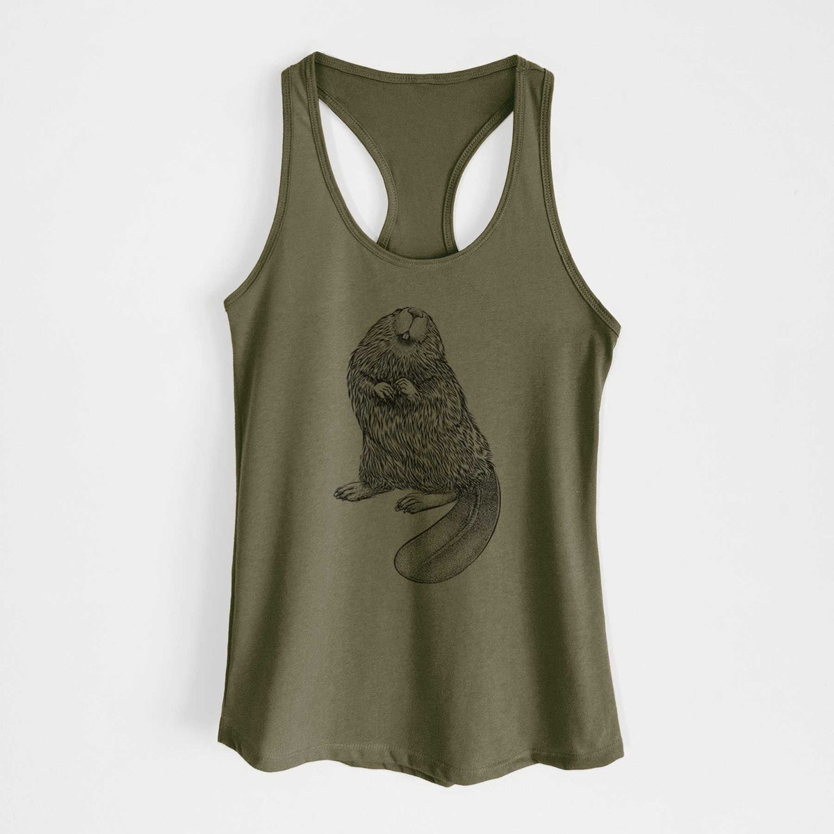 Military green women's racerback tank top laid flat, printed with a detailed black ink illustration of an American beaver sitting upright with its flat tail.