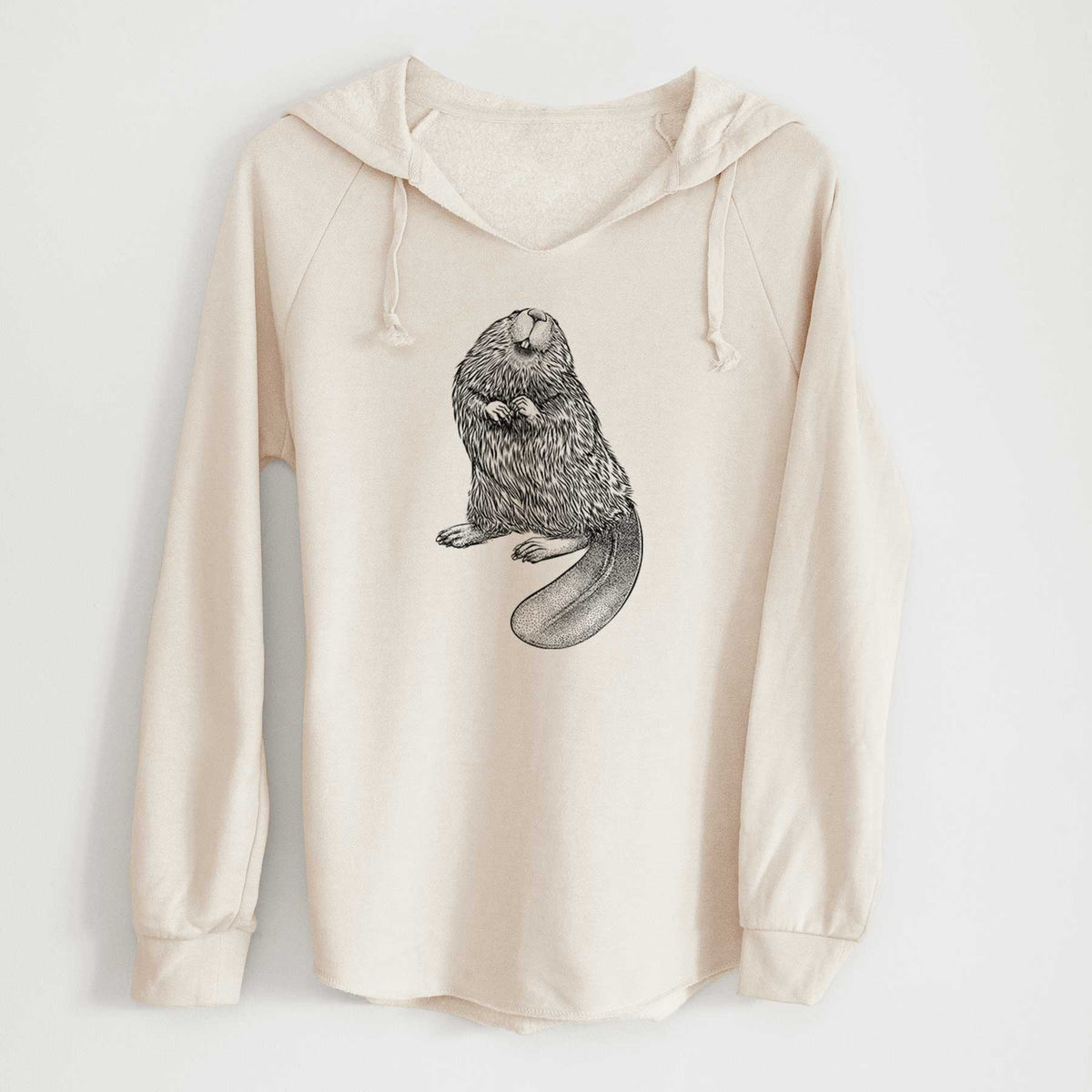 Bone cream women's Cali Wave hooded sweatshirt laid flat, printed with a detailed black ink illustration of an American beaver sitting upright with its flat tail.