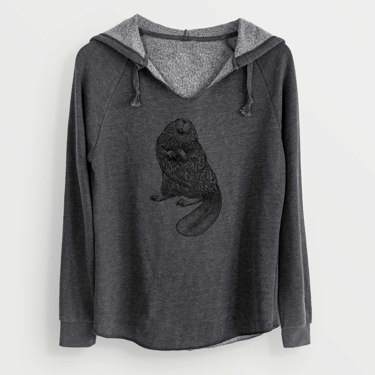 Charcoal grey women's Cali Wave hooded sweatshirt laid flat, printed with a detailed black ink illustration of an American beaver sitting upright with its flat tail.