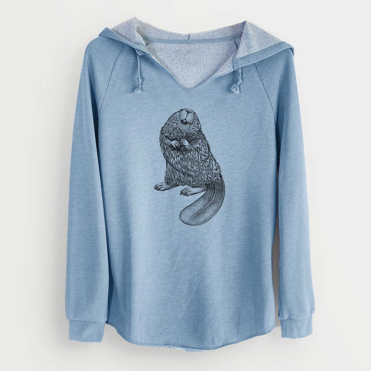 Misty blue women's Cali Wave hooded sweatshirt laid flat, printed with a detailed black ink illustration of an American beaver sitting upright with its flat tail.