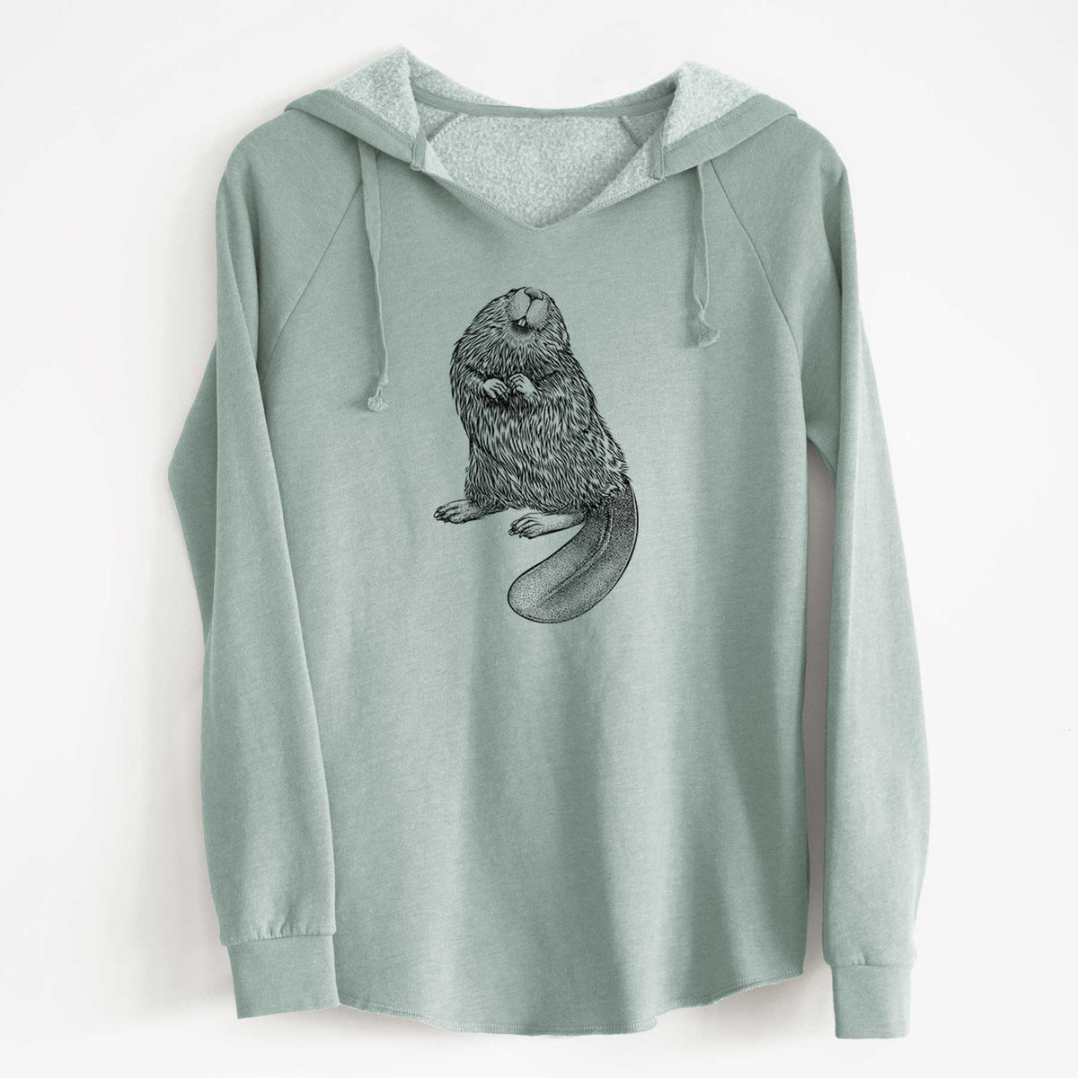Sage green women's Cali Wave hooded sweatshirt laid flat, printed with a detailed black ink illustration of an American beaver sitting upright with its flat tail.