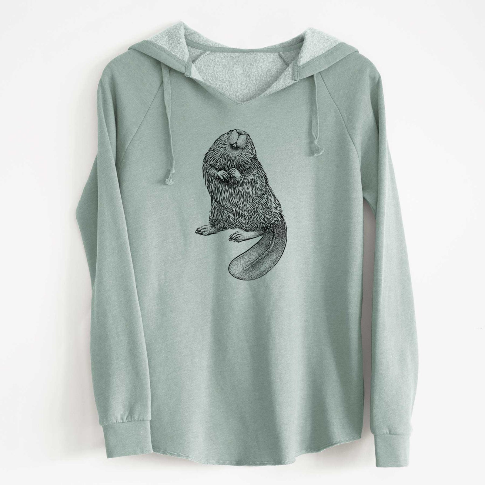 Sage green women's Cali Wave hooded sweatshirt laid flat, printed with a detailed black ink illustration of an American beaver sitting upright with its flat tail.
