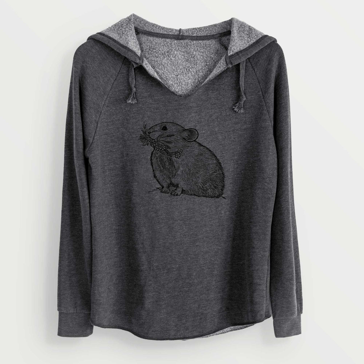 Charcoal grey women's Cali Wave hooded sweatshirt laid flat, printed with a detailed black ink illustration of an American pika holding flowers and grass in its mouth.