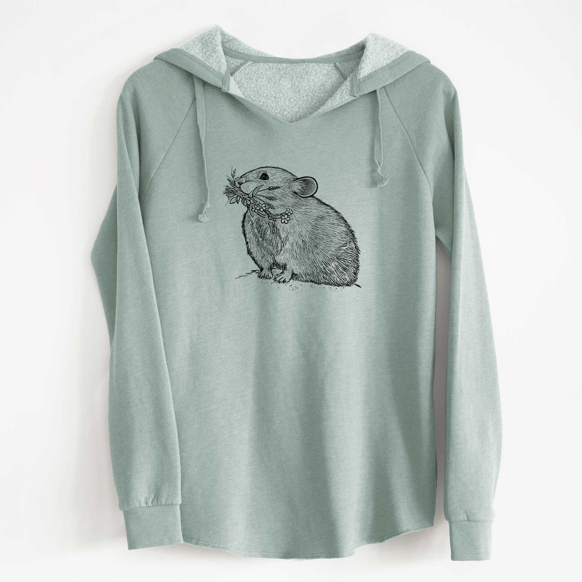 Sage green women's Cali Wave hooded sweatshirt laid flat, printed with a detailed black ink illustration of an American pika holding flowers and grass in its mouth.