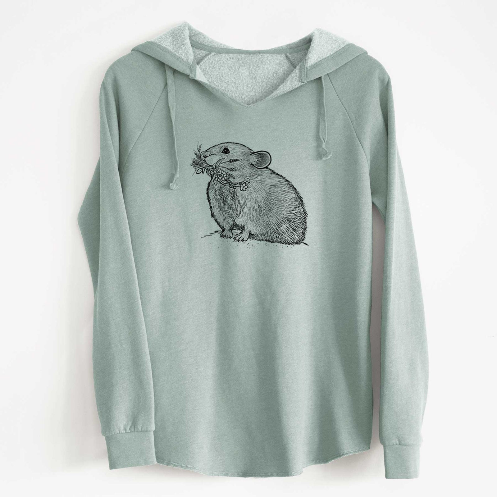 Blush pink women's Cali Wave hooded sweatshirt laid flat, printed with a detailed black ink illustration of an American pika holding flowers and grass in its mouth.