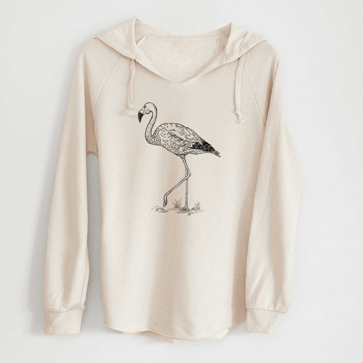 Bone cream women's Cali Wave hooded sweatshirt laid flat, printed with a black ink illustration of an Andean flamingo standing on one leg.