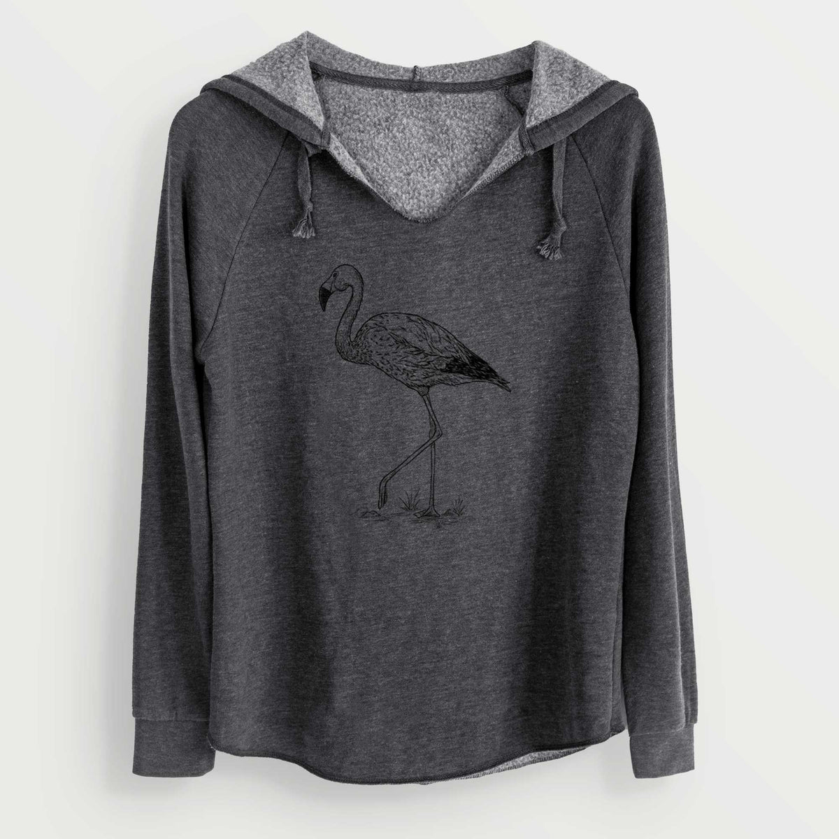 Charcoal grey women's Cali Wave hooded sweatshirt laid flat, printed with a black ink illustration of an Andean flamingo standing on one leg.