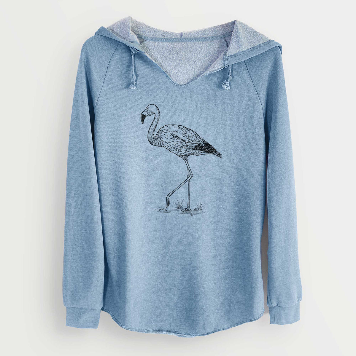 Misty blue women's Cali Wave hooded sweatshirt laid flat, printed with a black ink illustration of an Andean flamingo standing on one leg.