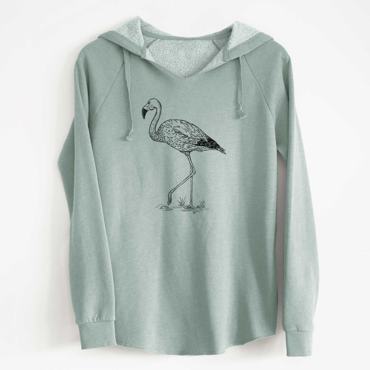 Sage green women's Cali Wave hooded sweatshirt laid flat, printed with a black ink illustration of an Andean flamingo standing on one leg.