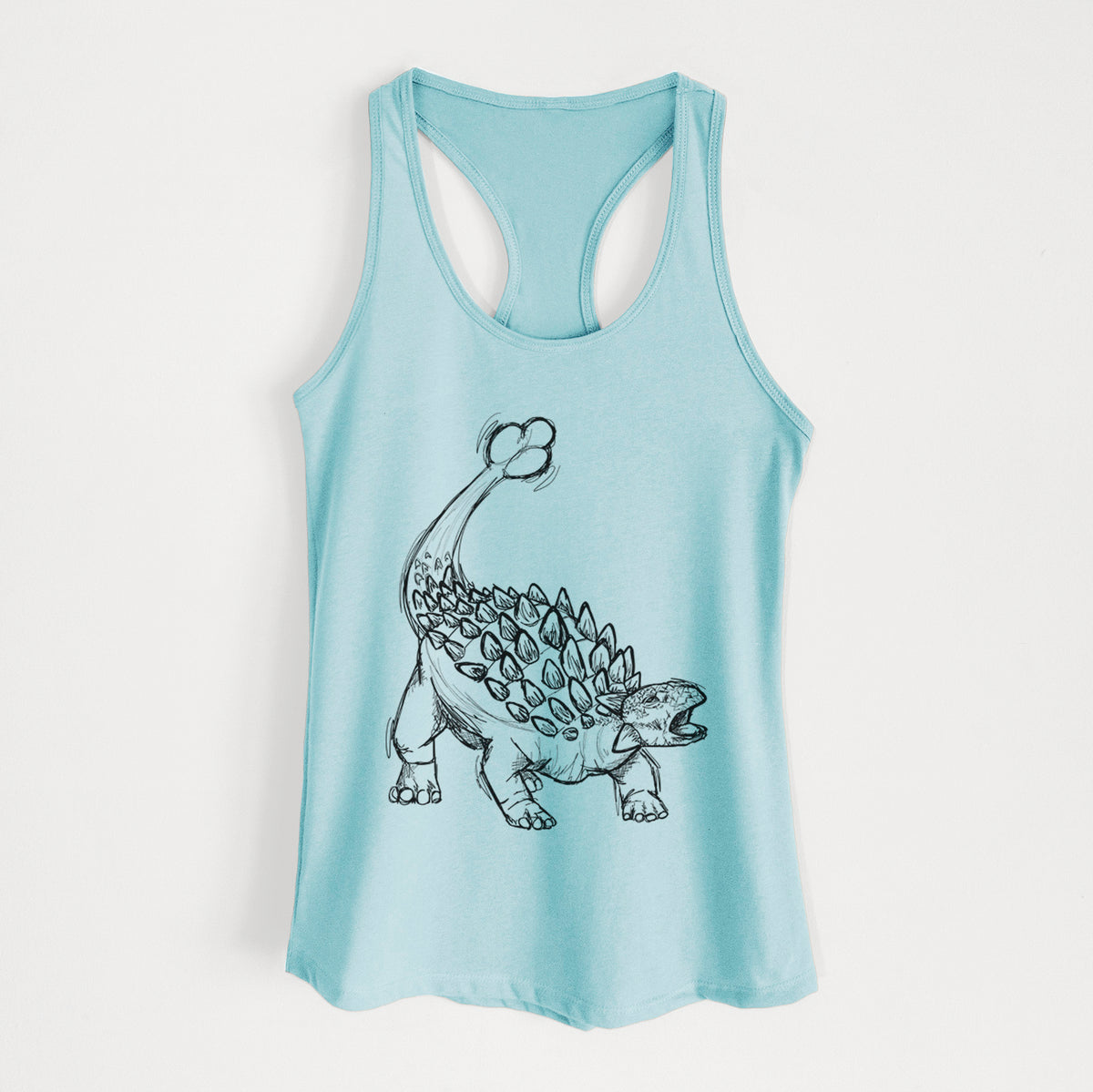Cancun blue women's racerback tank top laid flat, printed with a black ink illustration of an Ankylosaurus with its club tail raised.