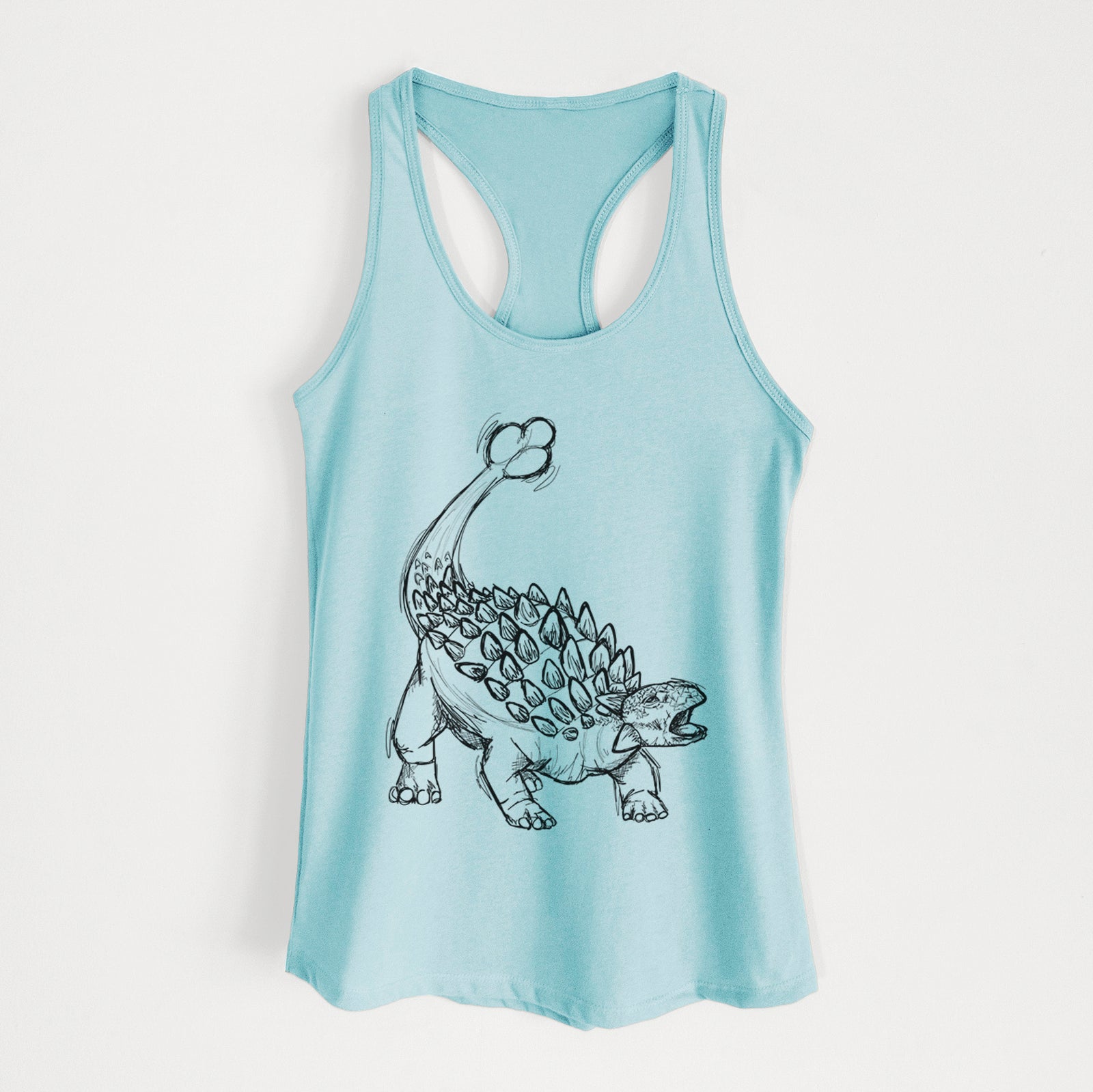 Banana cream women's racerback tank top laid flat, printed with a black ink illustration of an Ankylosaurus with its club tail raised.