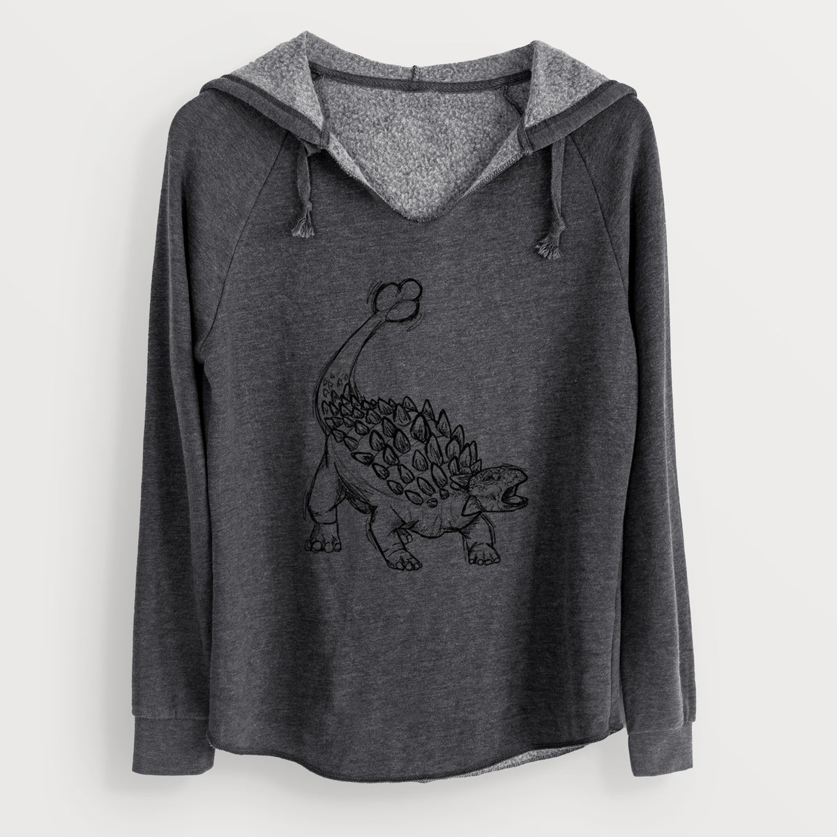 Charcoal grey women's Cali Wave hooded sweatshirt laid flat, printed with a black ink illustration of an Ankylosaurus with its club tail raised.