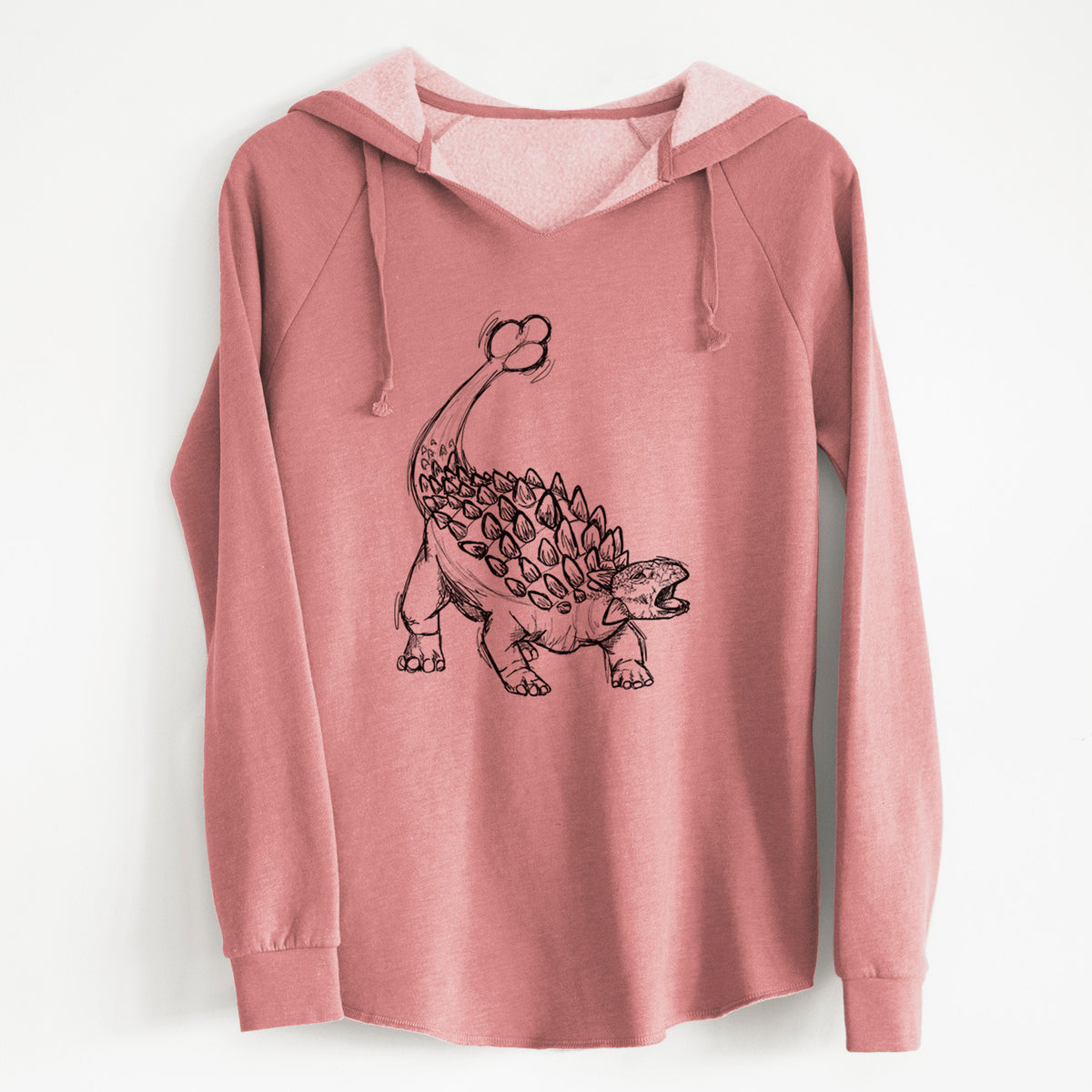 Dusty rose women's Cali Wave hooded sweatshirt laid flat, printed with a black ink illustration of an Ankylosaurus with its club tail raised.