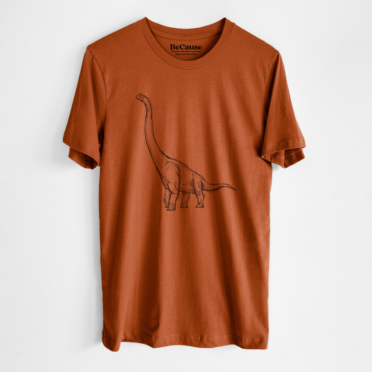 Autumn lightweight cotton t-shirt laid flat, printed with a black ink illustration of a long-necked Apatosaurus walking.