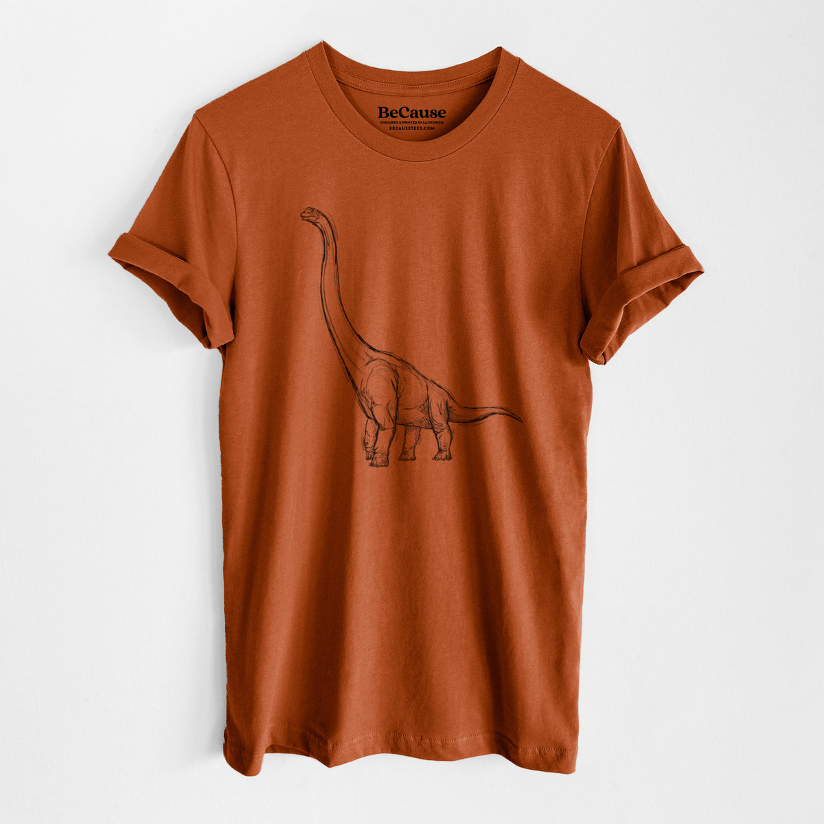 Autumn lightweight cotton t-shirt laid flat, printed with a black ink illustration of a long-necked Apatosaurus walking.