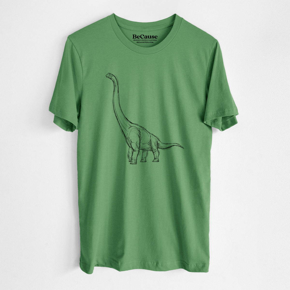 Leaf green lightweight cotton t-shirt laid flat, printed with a black ink illustration of a long-necked Apatosaurus walking.