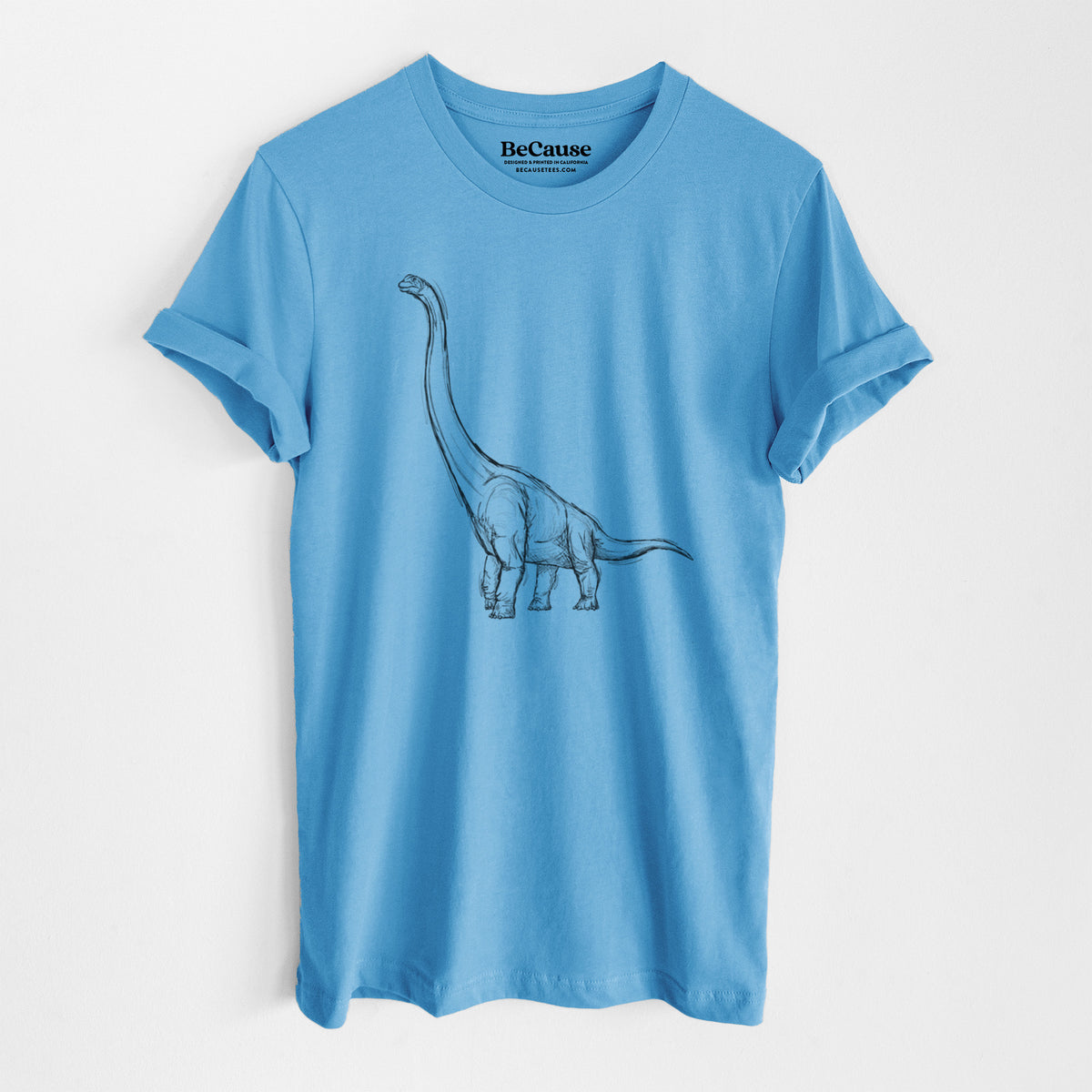 Ocean blue lightweight cotton t-shirt laid flat, printed with a black ink illustration of a long-necked Apatosaurus walking.