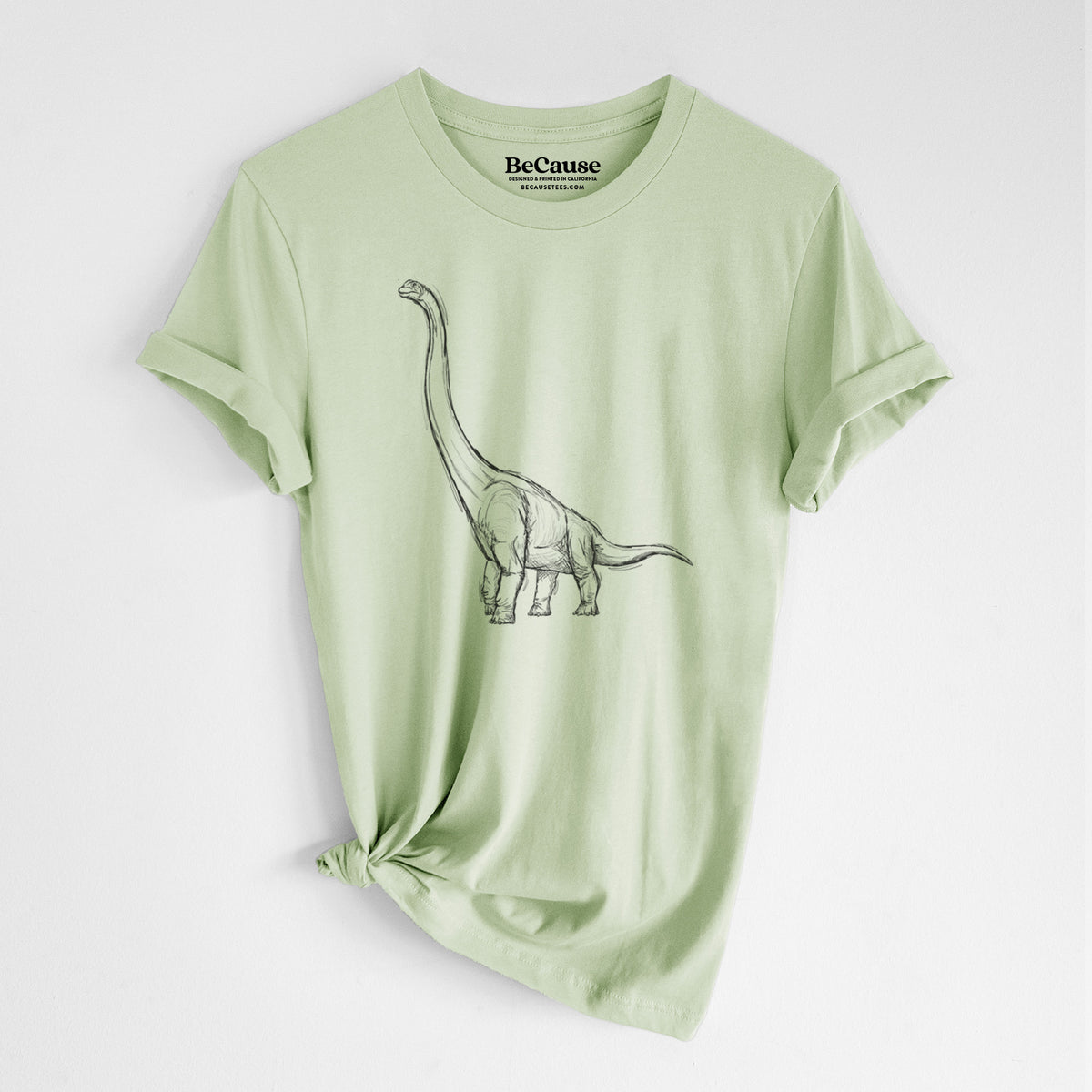Spring green lightweight cotton t-shirt laid flat with the sleeves rolled, printed with a black ink illustration of a long-necked Apatosaurus walking.