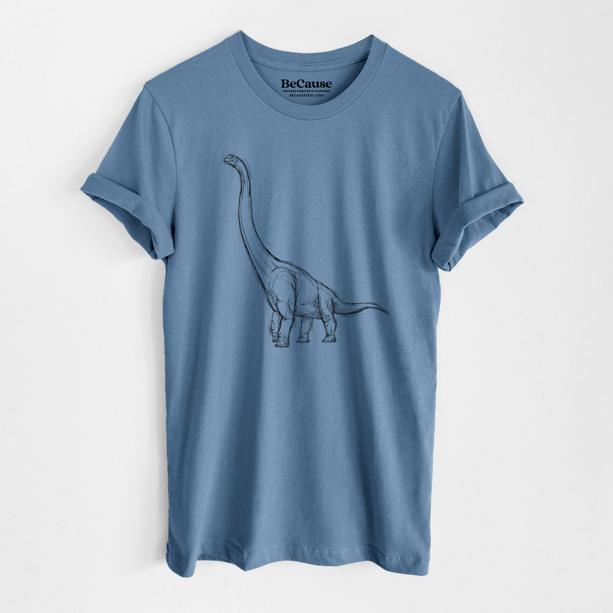 Steel blue lightweight cotton t-shirt laid flat, printed with a black ink illustration of a long-necked Apatosaurus walking.