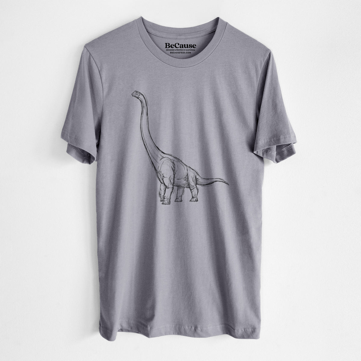 Storm grey lightweight cotton t-shirt laid flat, printed with a black ink illustration of a long-necked Apatosaurus walking.