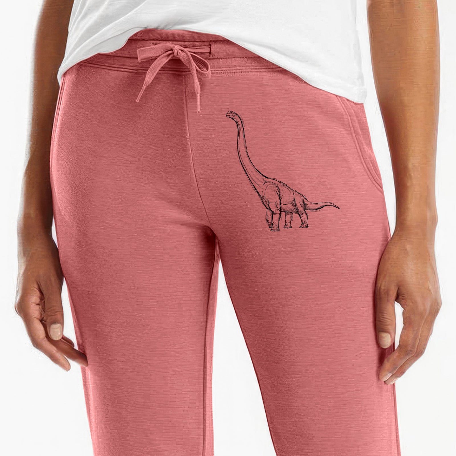 Front of dusty rose Cali Wave sweatpants, printed with a black ink illustration of a long-necked Apatosaurus walking on the leg.