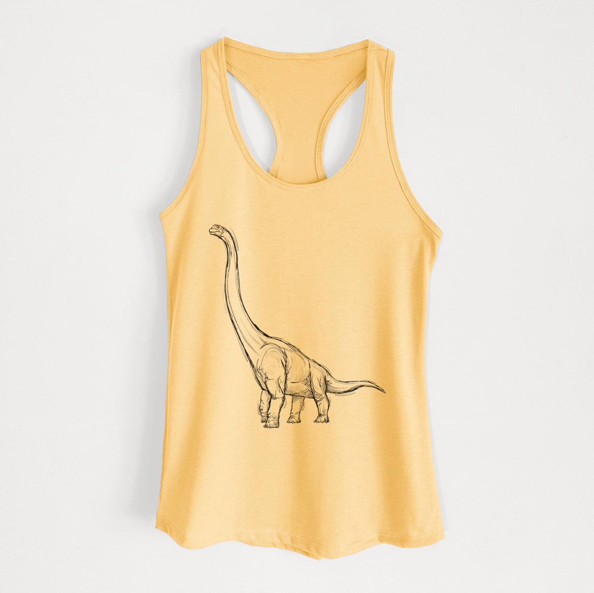 Banana cream women's racerback tank top laid flat, printed with a black ink illustration of a long-necked Apatosaurus walking.