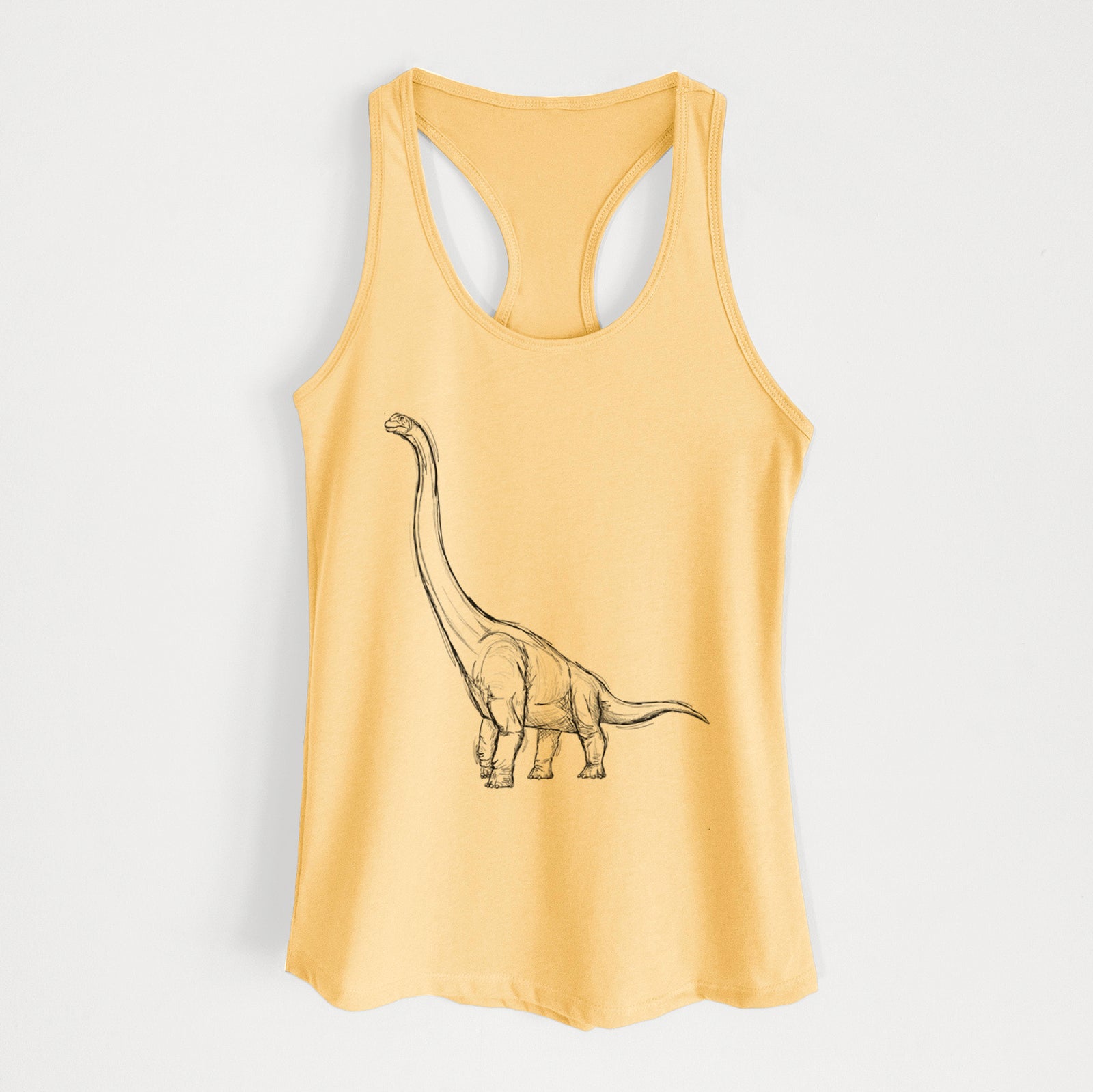 Banana cream women's racerback tank top laid flat, printed with a black ink illustration of a long-necked Apatosaurus walking.