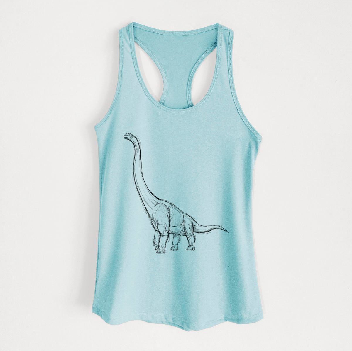 Cancun blue women's racerback tank top laid flat, printed with a black ink illustration of a long-necked Apatosaurus walking.