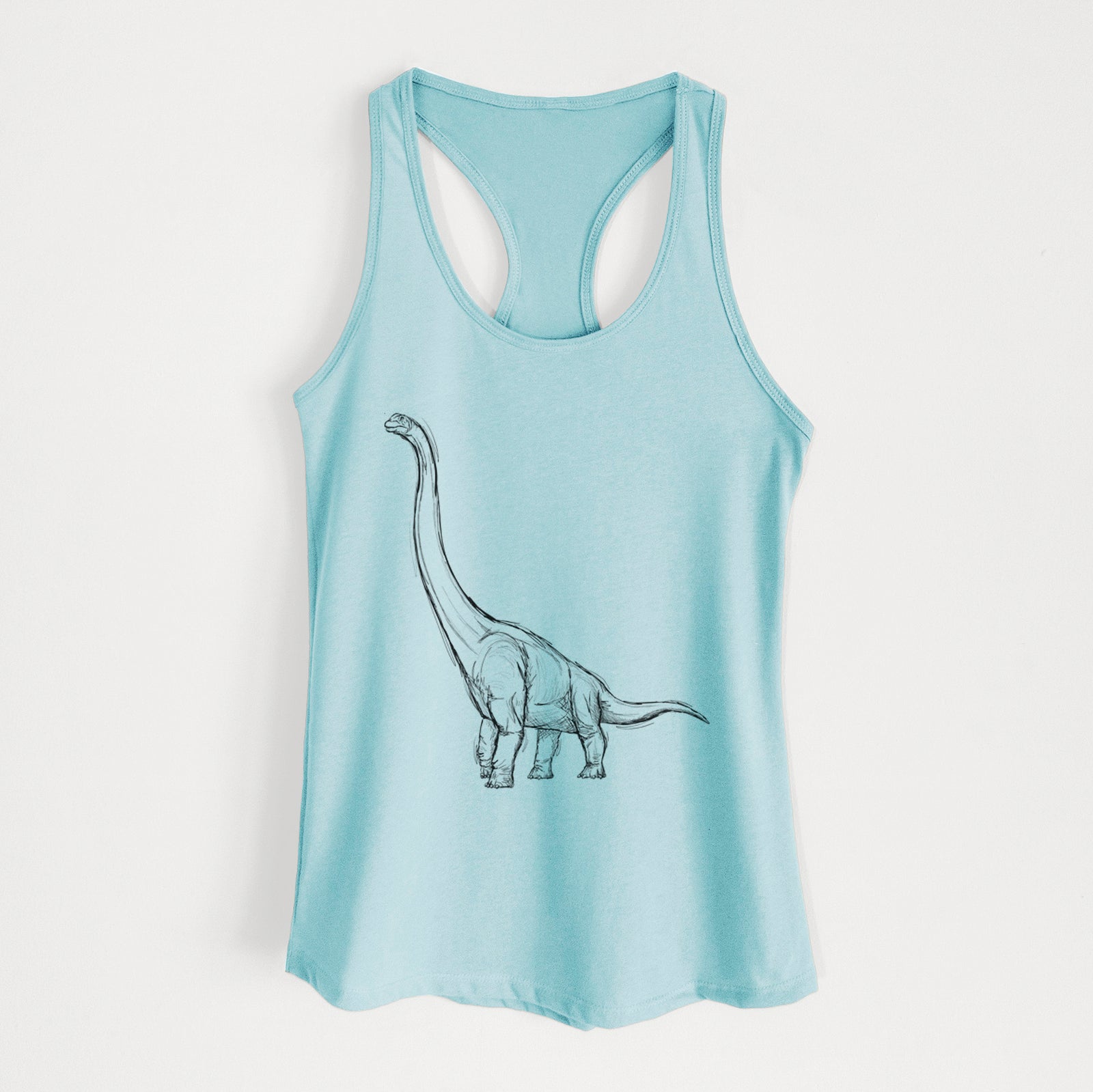 Banana cream women's racerback tank top laid flat, printed with a black ink illustration of a long-necked Apatosaurus walking.