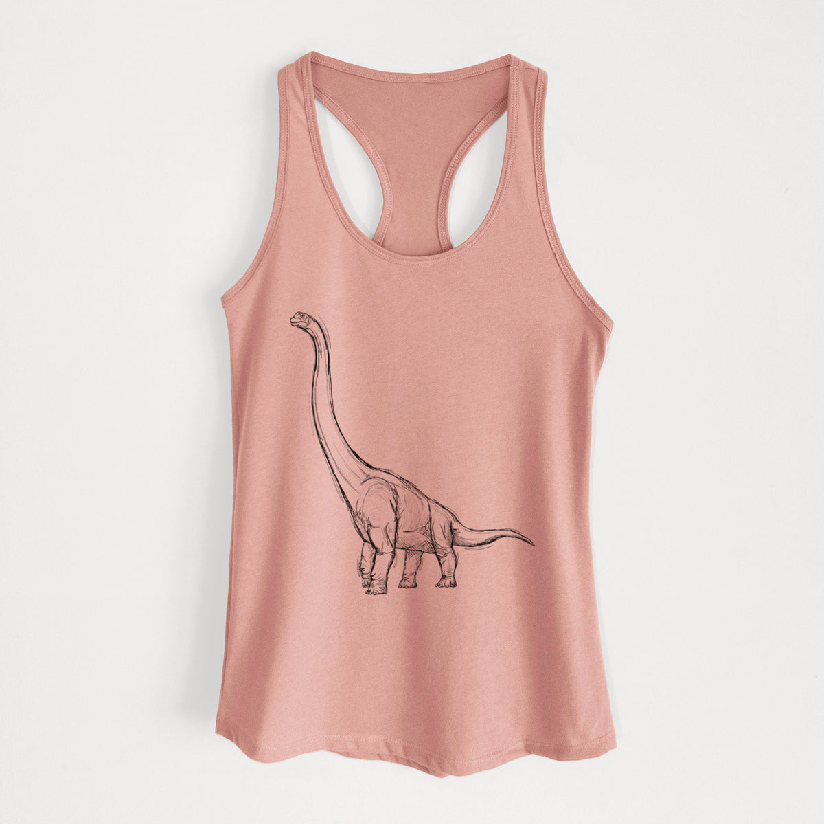 Desert pink women's racerback tank top laid flat, printed with a black ink illustration of a long-necked Apatosaurus walking.