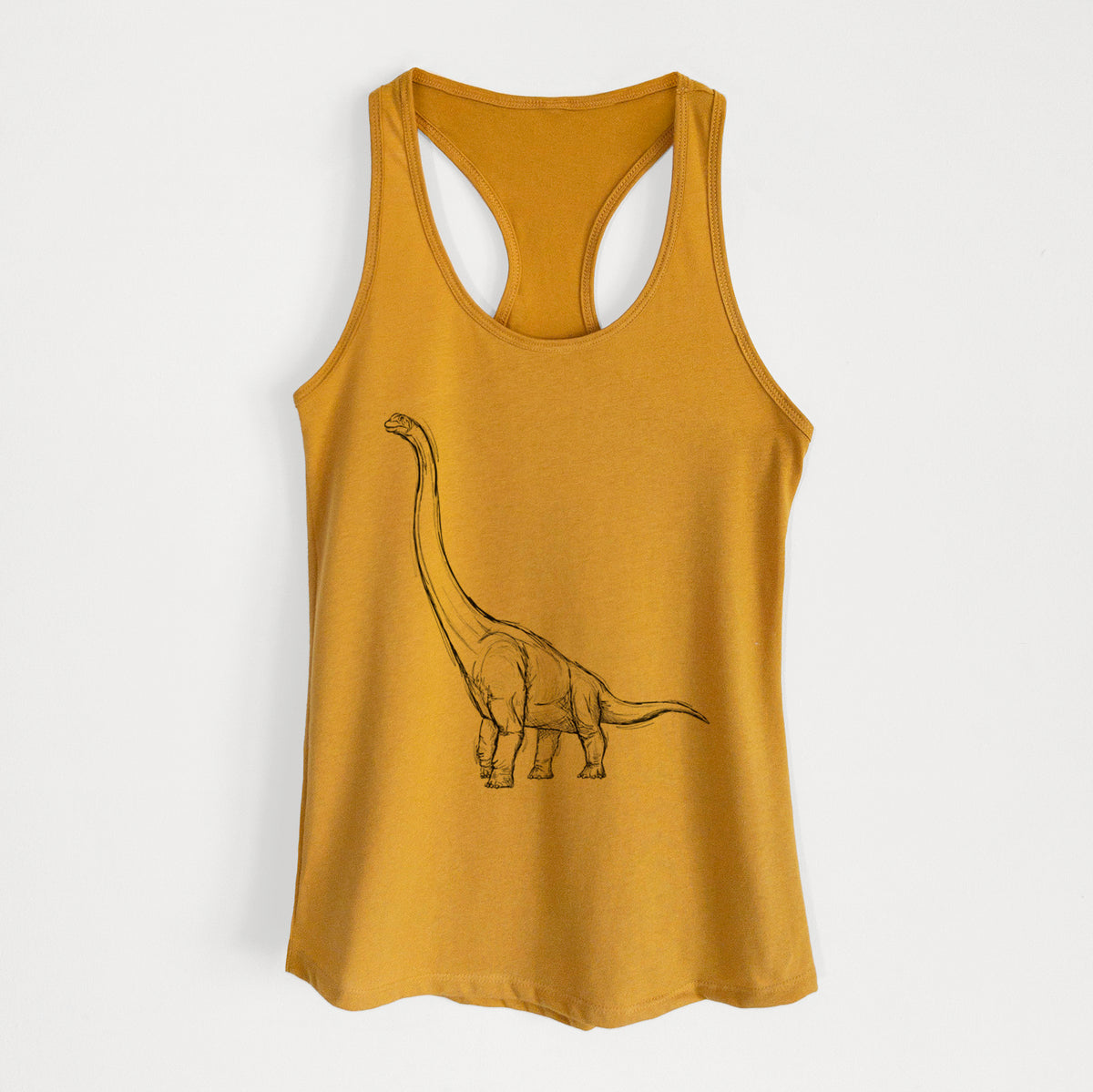 Gold women's racerback tank top laid flat, printed with a black ink illustration of a long-necked Apatosaurus walking.