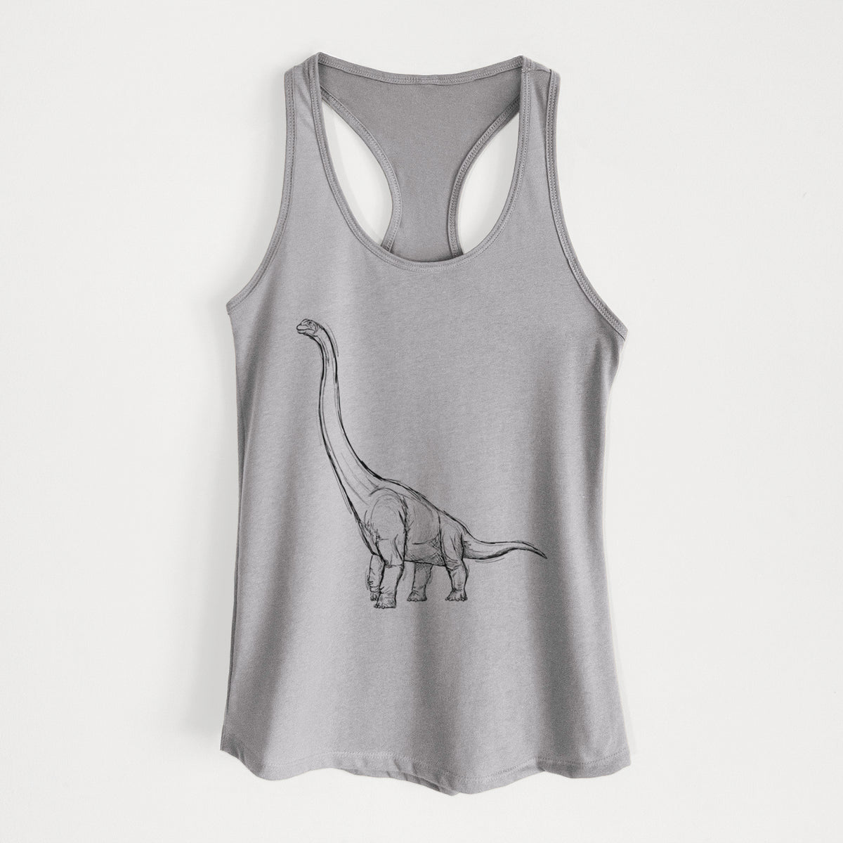 Heather grey women's racerback tank top laid flat, printed with a black ink illustration of a long-necked Apatosaurus walking.