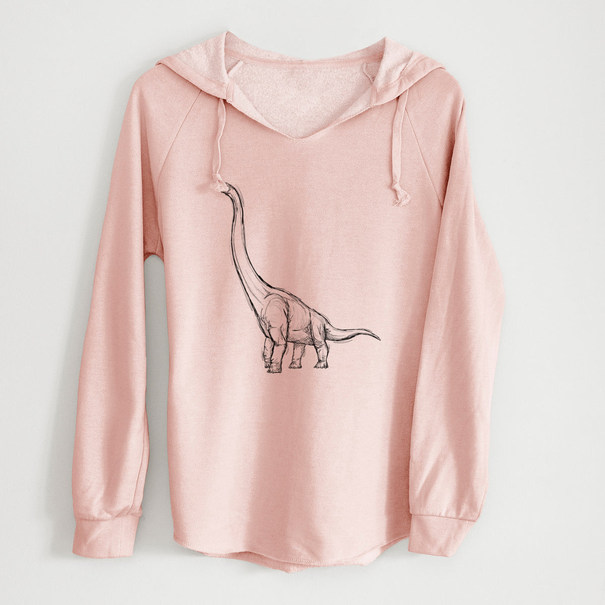 Blush pink women's Cali Wave hooded sweatshirt laid flat, printed with a black ink illustration of a long-necked Apatosaurus walking.