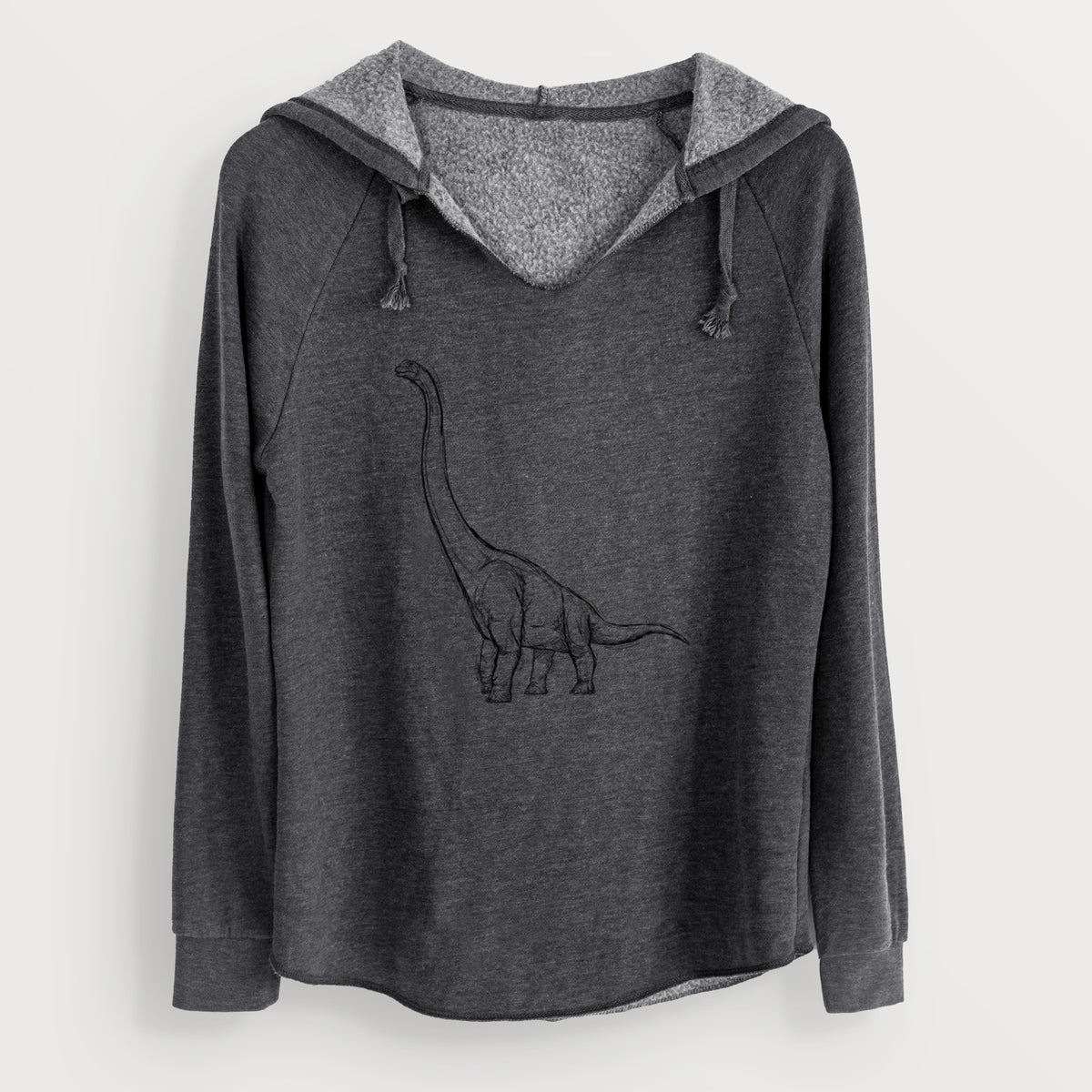 Charcoal grey women's Cali Wave hooded sweatshirt laid flat, printed with a black ink illustration of a long-necked Apatosaurus walking.