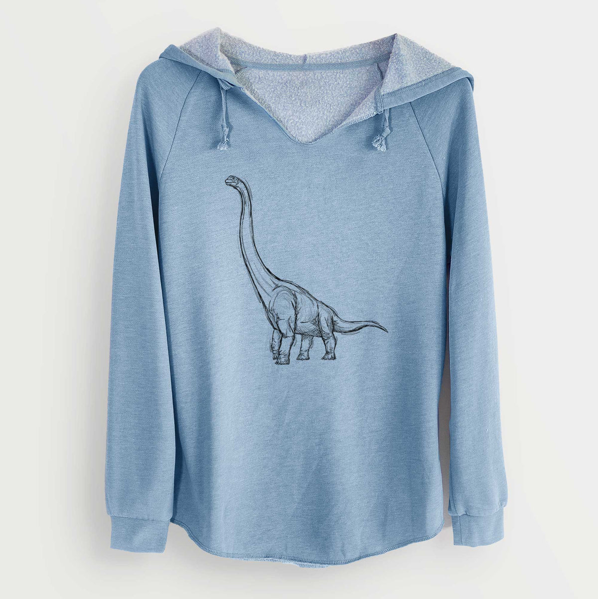 Misty blue women's Cali Wave hooded sweatshirt laid flat, printed with a black ink illustration of a long-necked Apatosaurus walking.