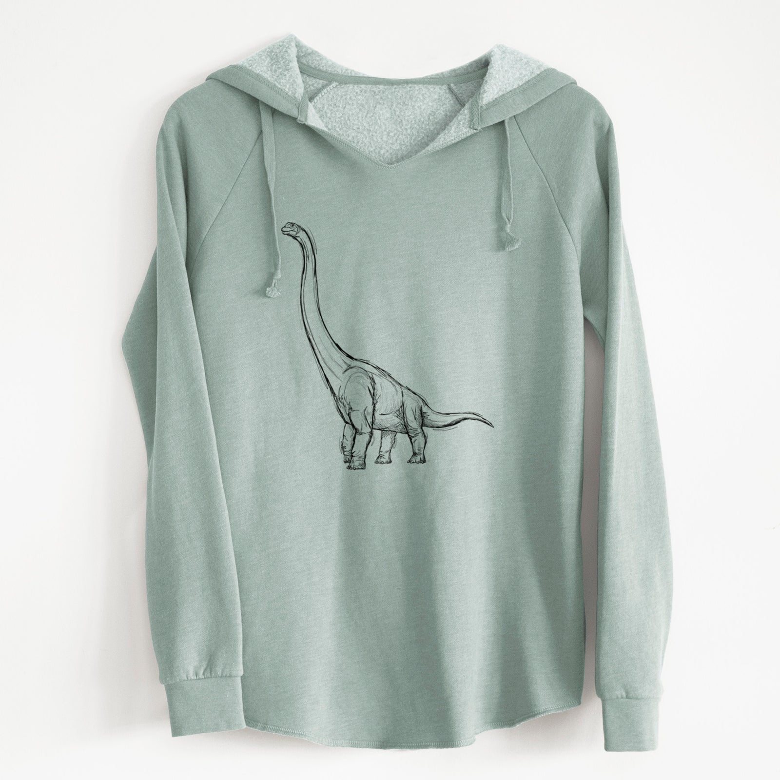 Sage green women's Cali Wave hooded sweatshirt laid flat, printed with a black ink illustration of a long-necked Apatosaurus walking.