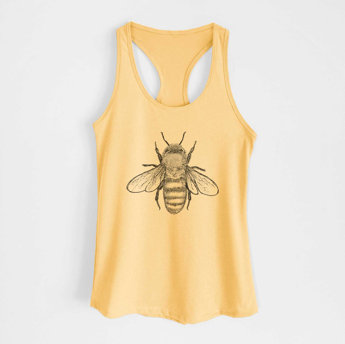 Banana cream women's racerback tank top laid flat, printed with a detailed black ink illustration of a honey bee with its wings spread, seen from above.