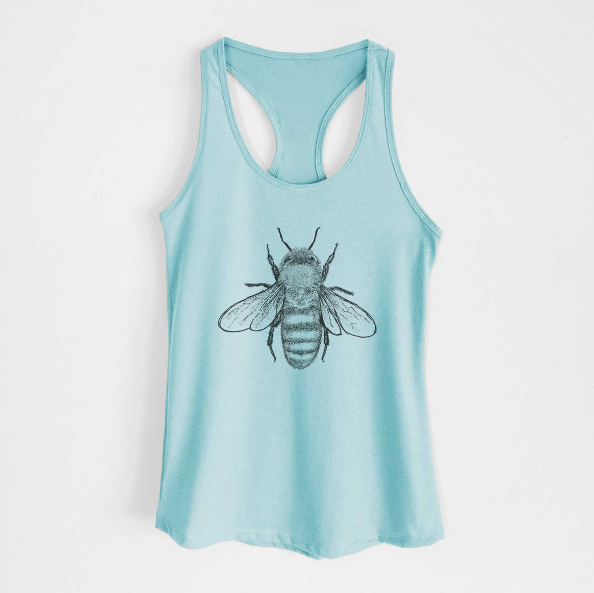 Cancun blue women's racerback tank top laid flat, printed with a detailed black ink illustration of a honey bee with its wings spread, seen from above.
