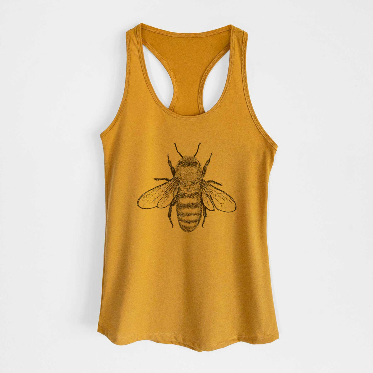 Gold women's racerback tank top laid flat, printed with a detailed black ink illustration of a honey bee with its wings spread, seen from above.