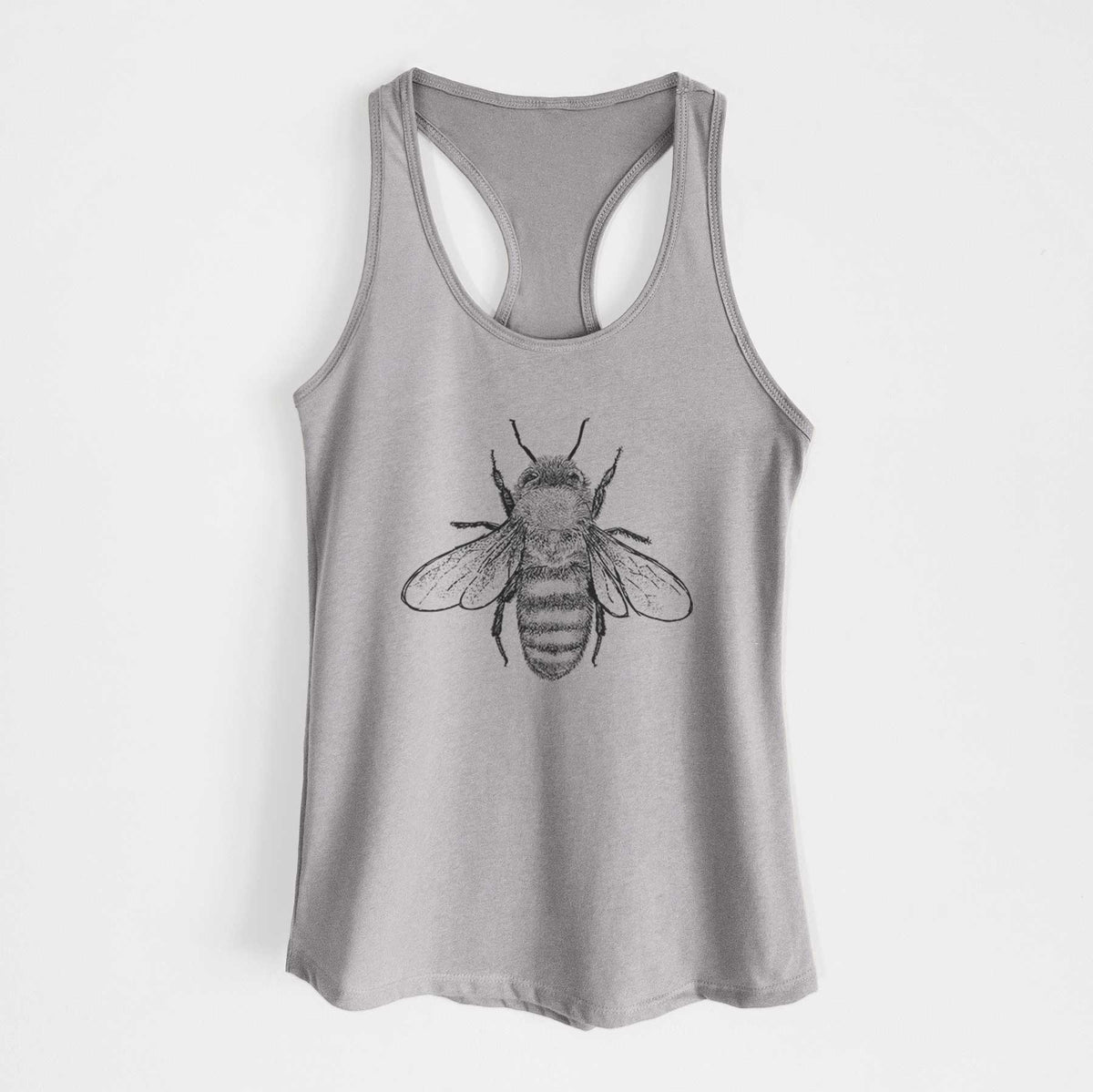 Heather grey women's racerback tank top laid flat, printed with a detailed black ink illustration of a honey bee with its wings spread, seen from above.