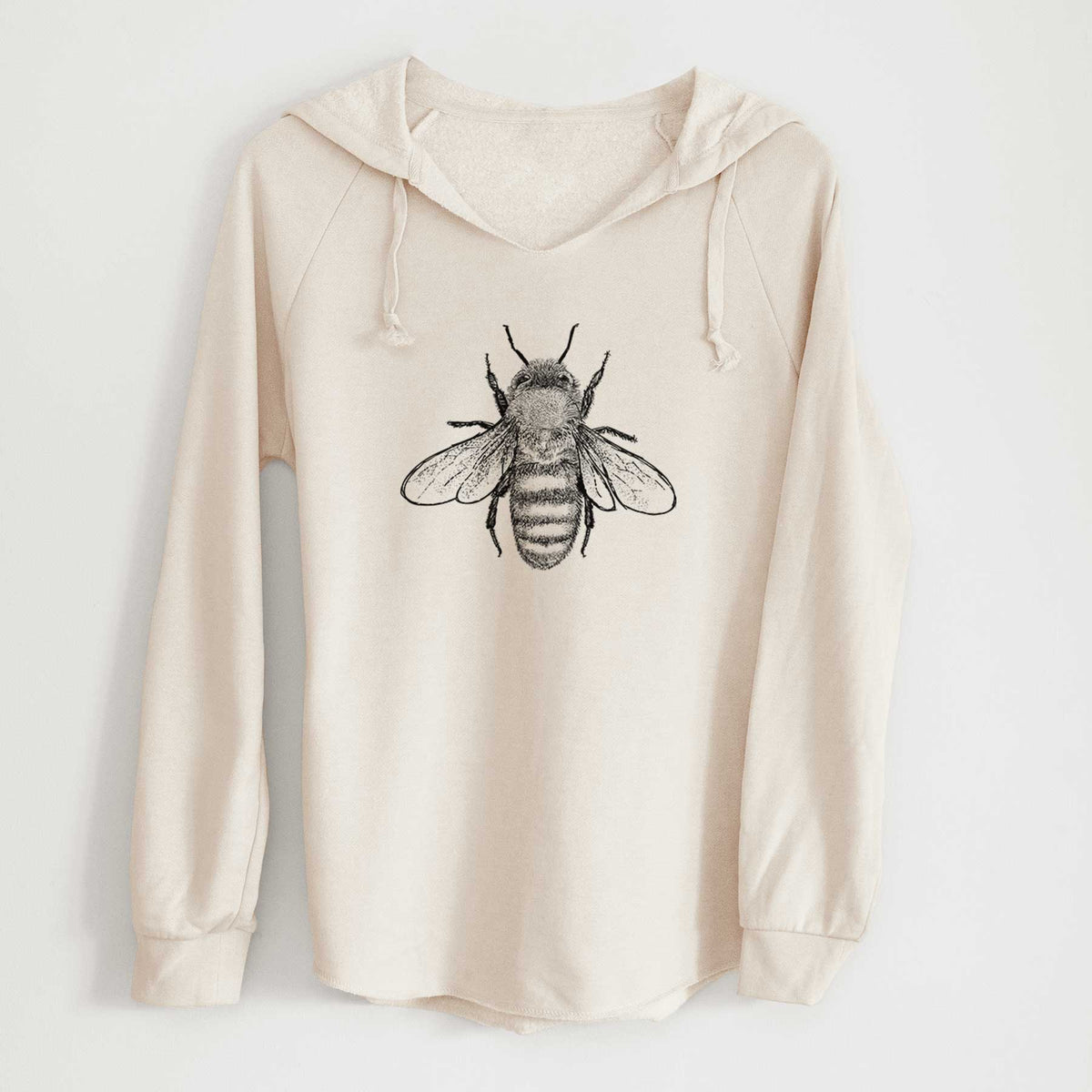 Bone cream women's Cali Wave hooded sweatshirt laid flat, printed with a detailed black ink illustration of a honey bee with its wings spread, seen from above.