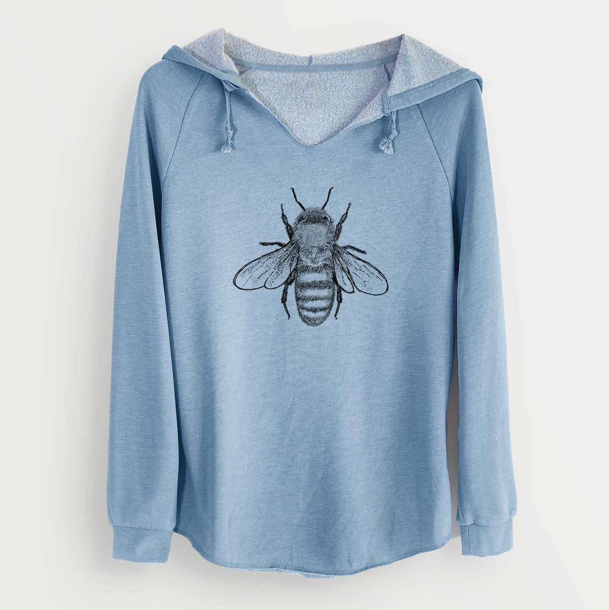 Misty blue women's Cali Wave hooded sweatshirt laid flat, printed with a detailed black ink illustration of a honey bee with its wings spread, seen from above.