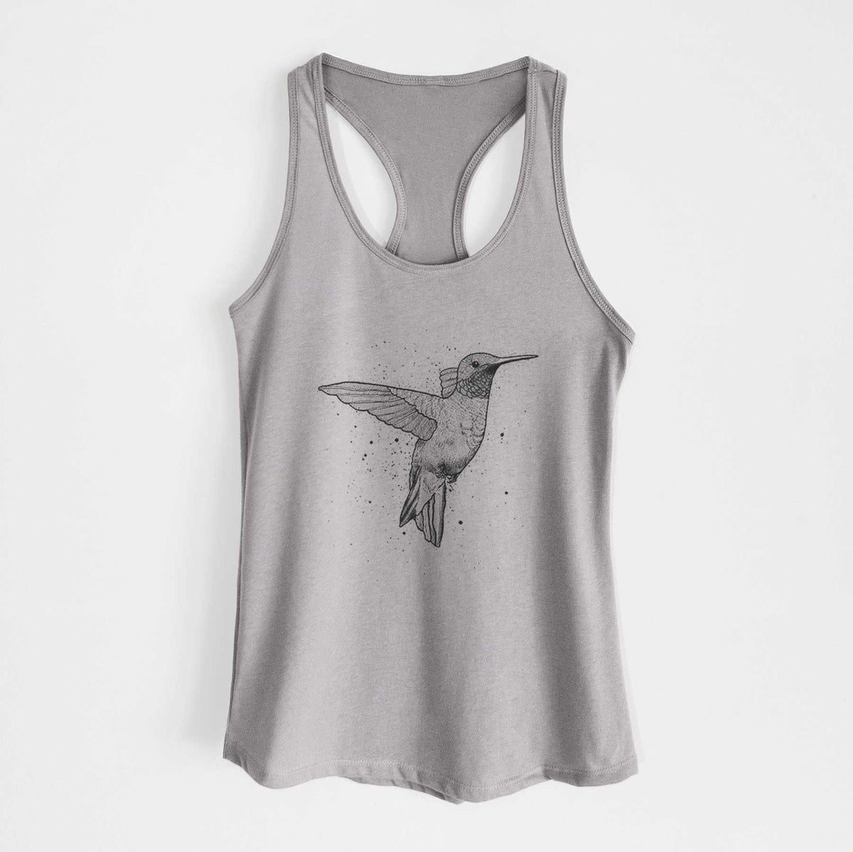 Heather grey women's racerback tank top laid flat, printed with a black ink sketch of a ruby-throated hummingbird hovering with its wings raised.