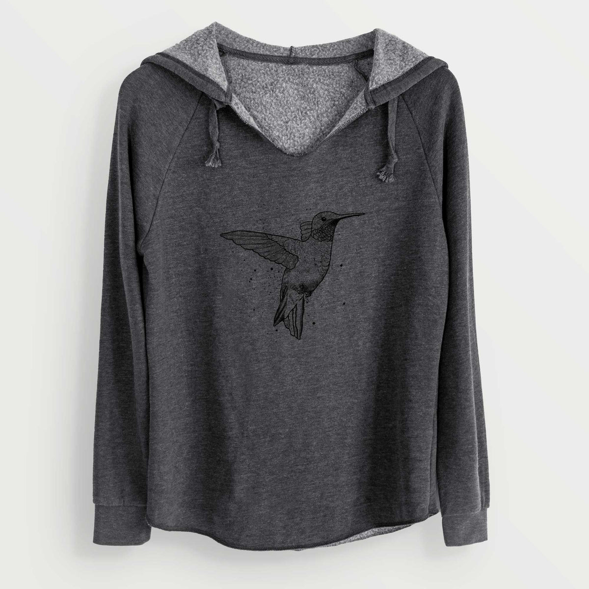 Charcoal grey women's Cali Wave hooded sweatshirt laid flat, printed with a black ink sketch of a ruby-throated hummingbird hovering with its wings raised.