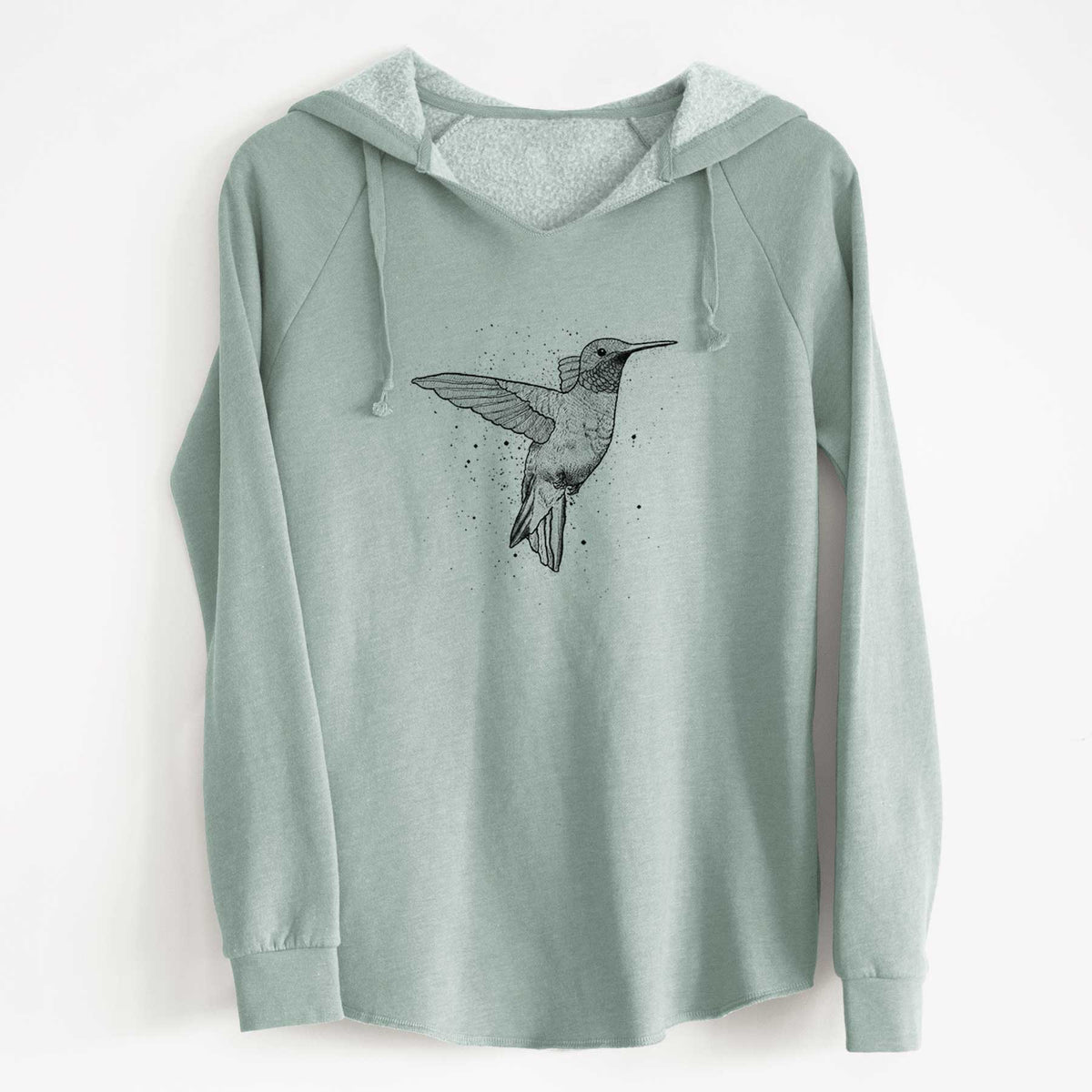 Sage green women's Cali Wave hooded sweatshirt laid flat, printed with a black ink sketch of a ruby-throated hummingbird hovering with its wings raised.