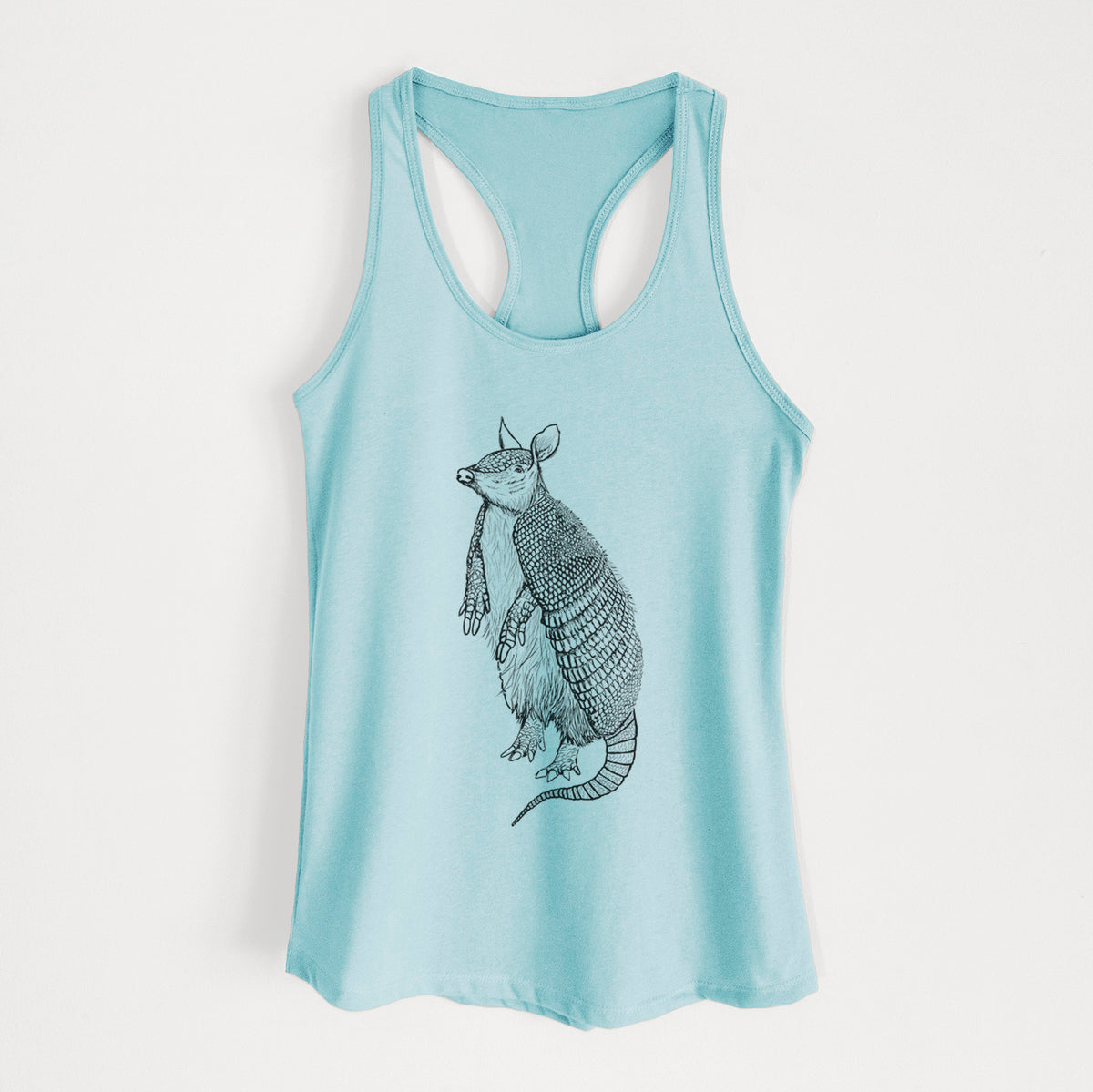 Cancun blue women's racerback tank top laid flat, printed with a black ink illustration of a nine-banded armadillo standing upright.