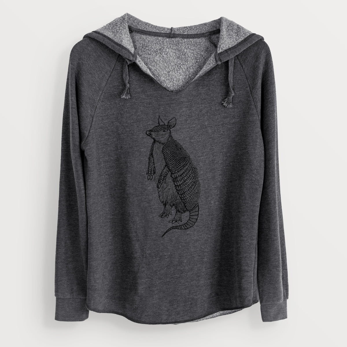 Charcoal grey women's Cali Wave hooded sweatshirt laid flat, printed with a black ink illustration of a nine-banded armadillo standing upright.